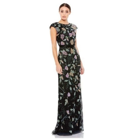 MAC DUGGAL Floral Beaded Cap Sleeve Evening Gown 5229 Black Multi NWT Size 6 - Picture 3 of 11